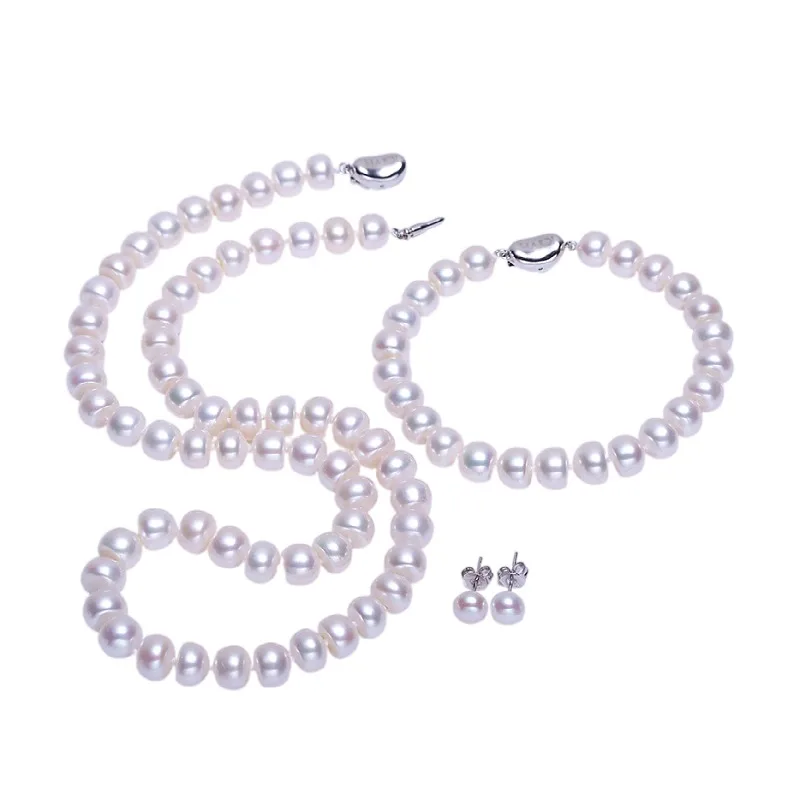 Pearl jewelry Sets 8-9mm Real Natural Freshwater Pearls 925 Sterling Silver Necklace Earrings Bracelet for women Fashion Gift | Украшения и
