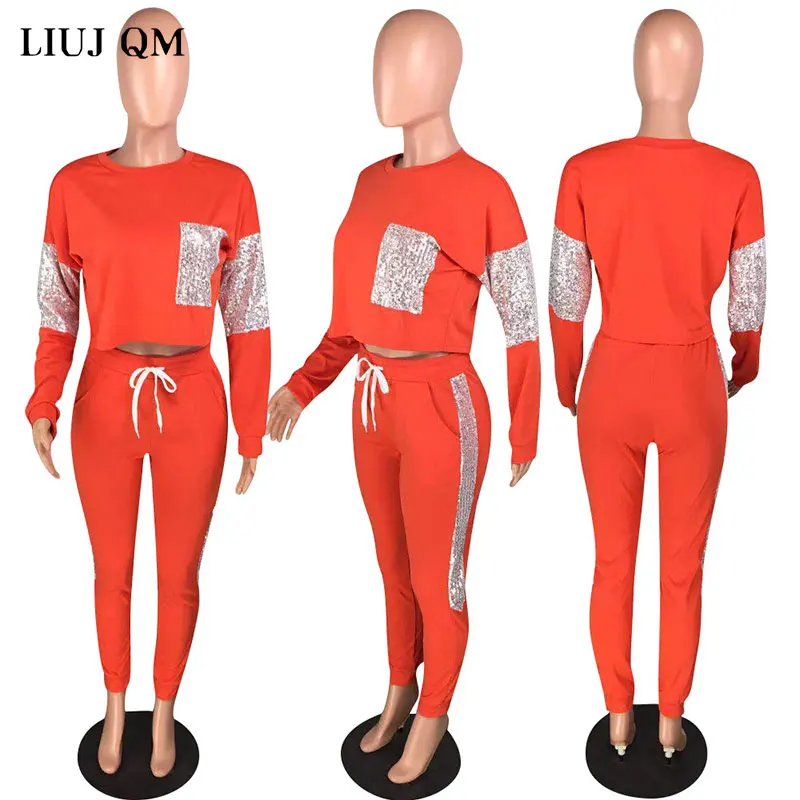 

2020 Autumn Women's Suits Fashion Casual Sequins Long Sleeve Two Piece Set Tracksuit Female High Waist Elastic Trousers Women