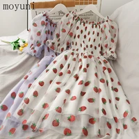 2021 summer strawberry printed high waist mid length mesh dress womens pleated off shoulder vintage aesthetic korean dress