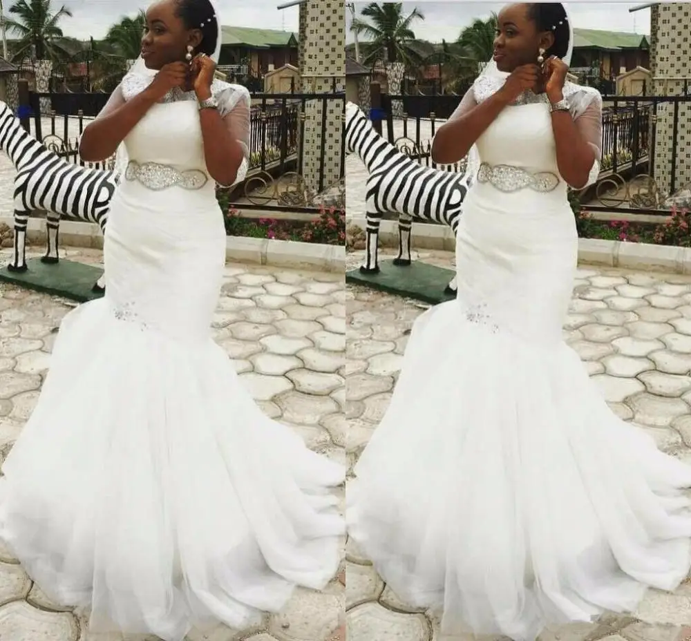 

Women's Tulle Long Beaded Mermaid Wedding Dresses With Beaded Belt White Lace Up Back African Bridal Gowns Lace Up Custom Made