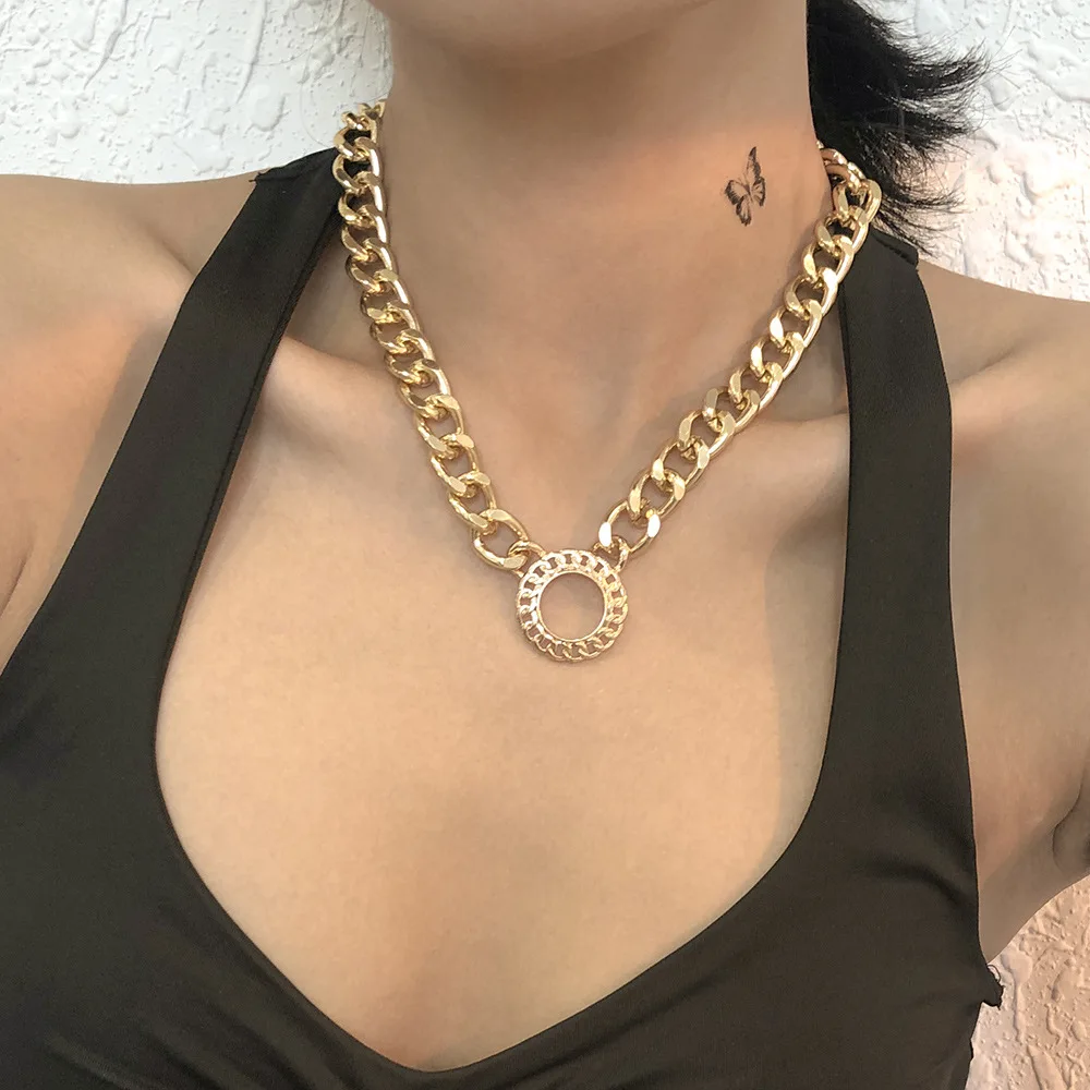 

N8584 European and American metal jewelry exaggerated chain hip-hop style simple geometric circle hollow necklace