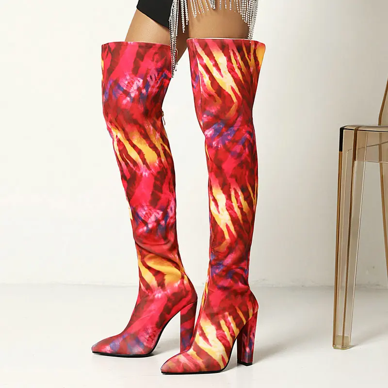 

Autumn Winter Thick High Heel Women Boots Fashion Zipper Over The Knee Boots Mixed Colors Pointed Toe Women Knee High Boots