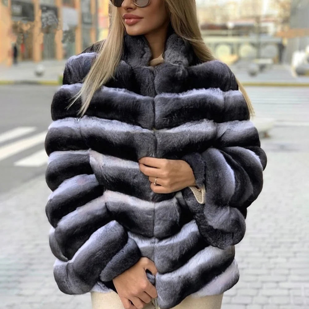 Natural Women Real Rex Rabbit Fur Jacket Stand Collar High Quality Winter Fashion Genuine Full Pelt Rex Rabbit Fur Coats Outwear