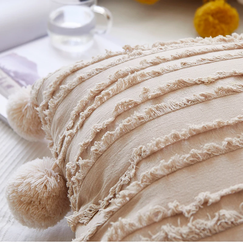 Чехол для подушки из хлопка и льна квадратная наволочка с кисточками слоновой