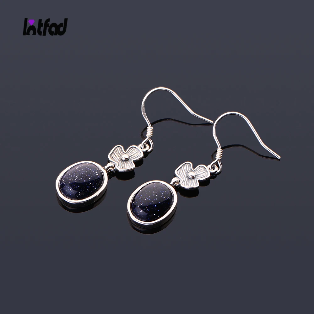 

925 Sterling Silver Earrings Flower Shape Oval 8x10MM Natural Blue Sandstone Drop Earrings for Women Vintage Jewelry Gifts