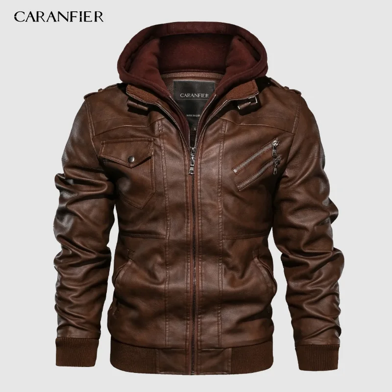 Мужские Байкерские Куртки из искусственной кожи CARANFIER классические зимние