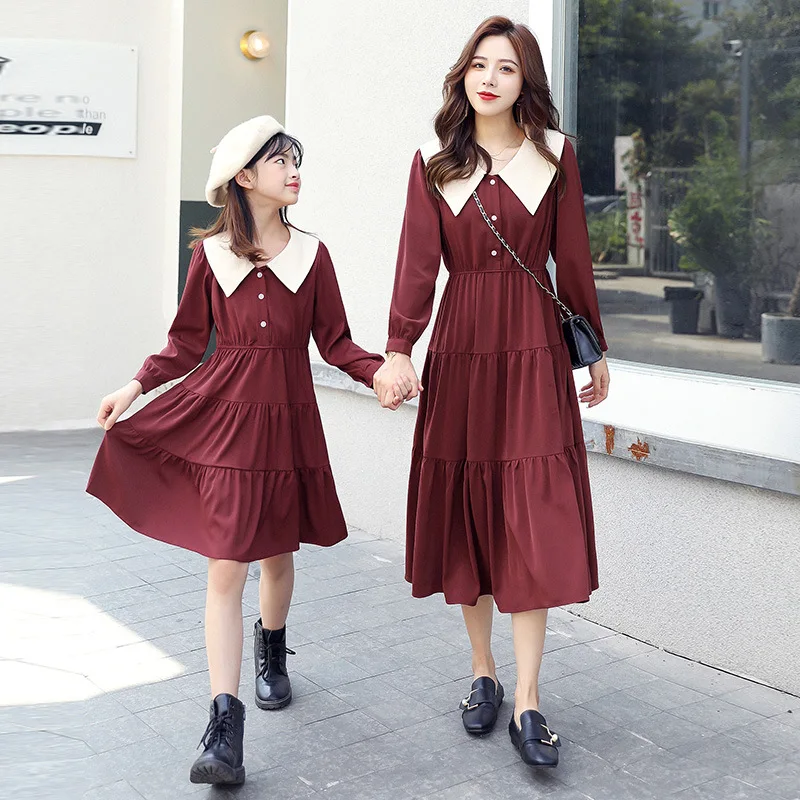

WLG Family Matching Clothes Mommy and Me Dress Fall Wine Red Dark Blue Long Style Dresses Mom and Daughter Matching Clothes