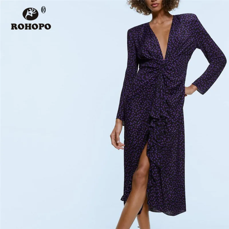 ROHOPO платье карандаш миди фиолетовое в горошек с v образным вырезом спереди