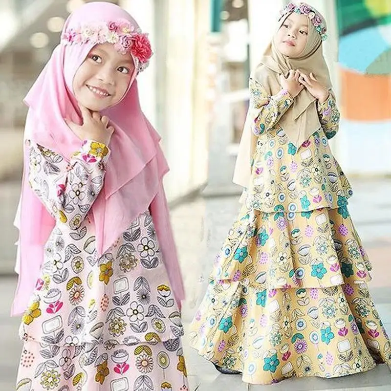 Мусульманское нарядное платье для девочек комплекты из 2 предметов Исламская одежда хиджаб Абая детское праздвечерние платье Niqab Burqa с цвет...