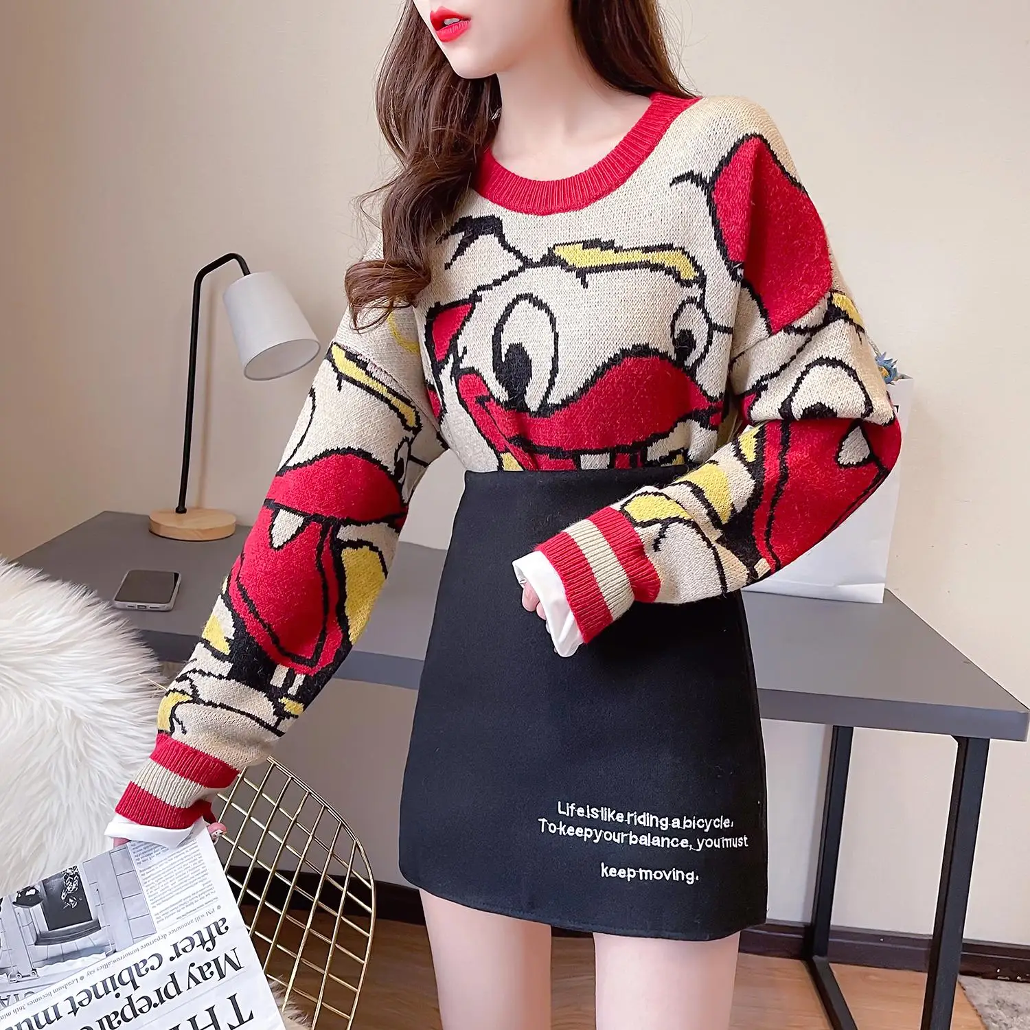 

Donald Duck film is nifty and lovely minus age embroidery pattern false two sweaters letter woolen cloth skirt outfit