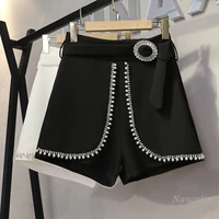 beads diamond high waist shorts women slimming and wide leg short femme summer lady casual outer wear white black with belt