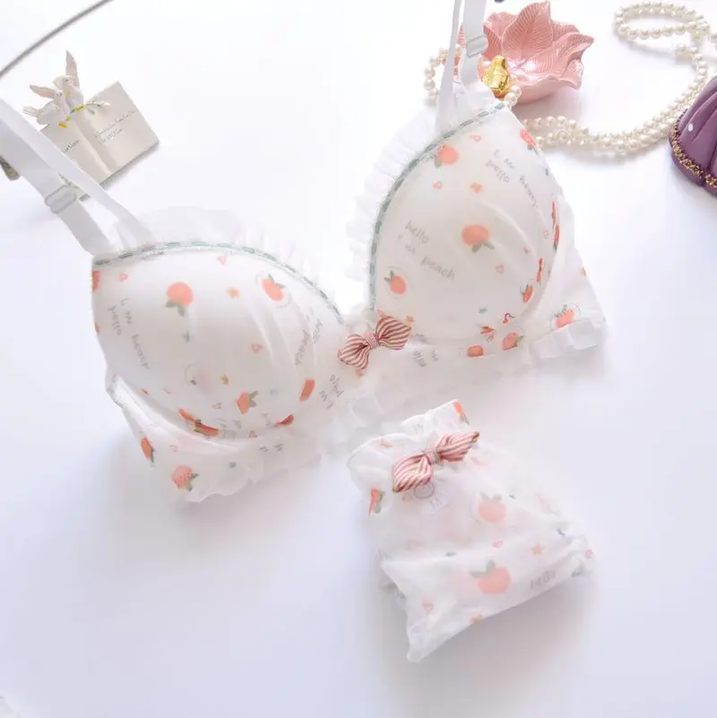 Plus Size Kawaii Push Up Bra Sets Girl Cute Bow Floral Bra Summer Dot Small Fresh Comfortable Underwear ABCD Cup