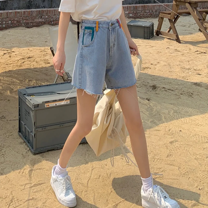 

Lucyever Summer Color Patchwork Wide Leg Shorts Women Casual Tassel High Waist Denim Short Woman 2021 Pocket Shorts Jeans Female