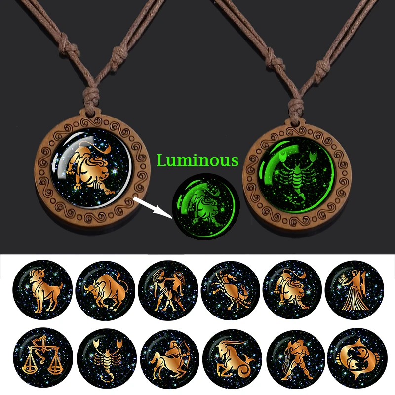 Esspos Astrology 12 Constellation Necklace Vintage Luminous Zodiac Signs Glass Cabochon Wooden Necklaces for Women Men Gift |