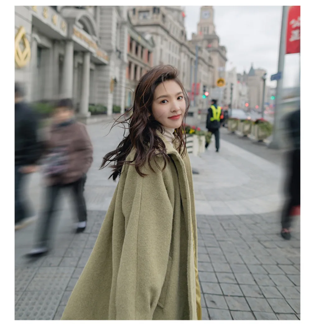 

Women Elegant Long Wool Coat Solid Color Avocado Green Long Sleeve Single-Breasted Outerwear Ladies Autumn Winter Overcoat 2020