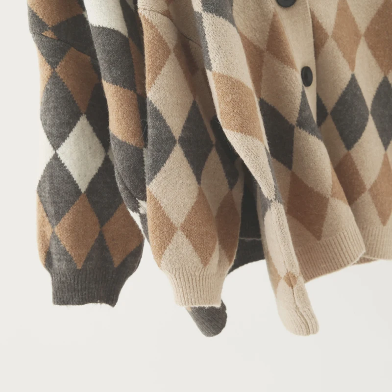 

Cocoon Sweater Coat Women's Hong Kong Flavor Color Matching Diamond Geometric 2019 Autumn Korean-Style Knitted Cardigan Coat