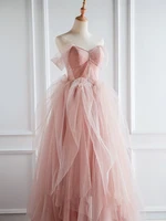 light luxury strapless pink wedding party gown delicate beadings retro lace up high waist slim women banquet dress