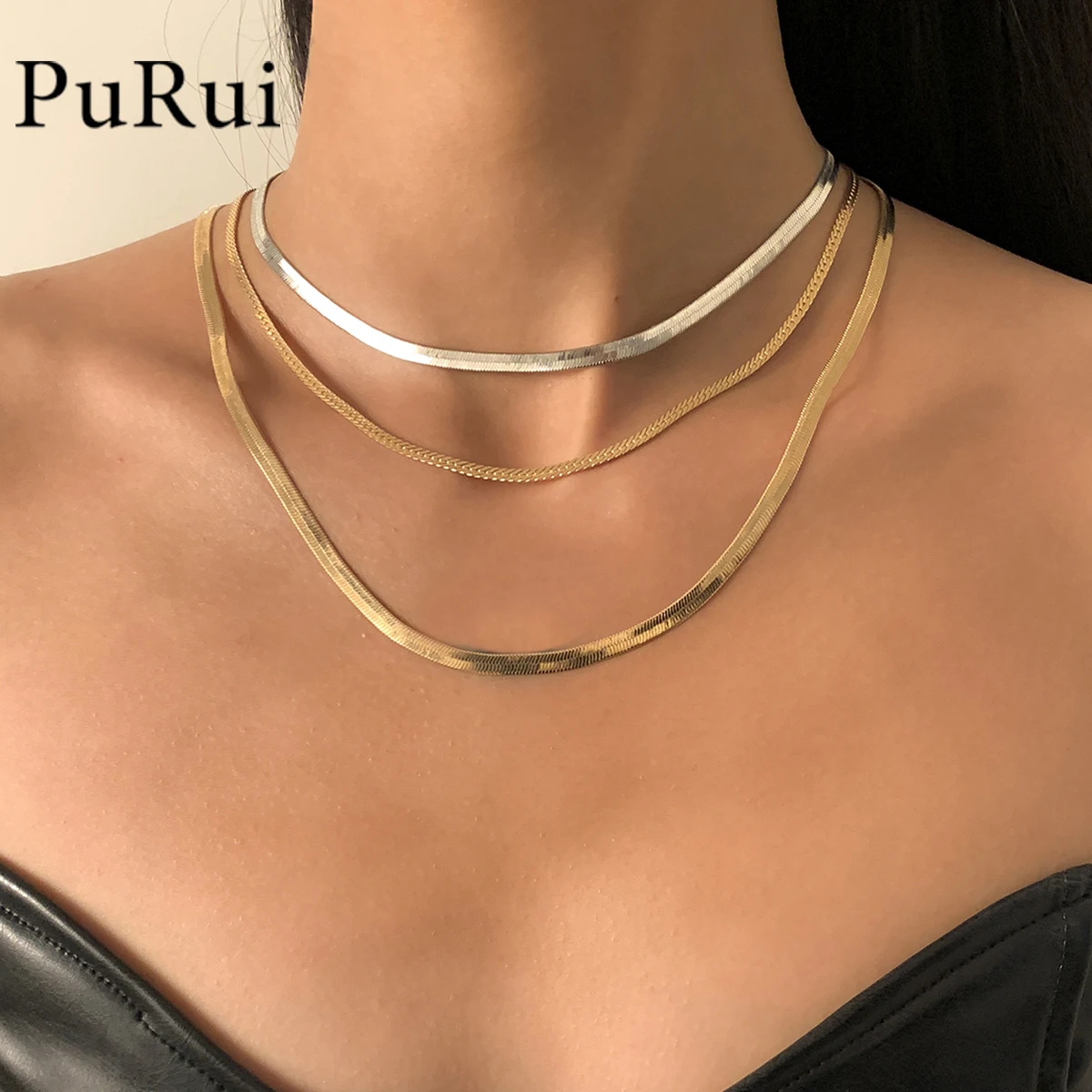 

2021 Layered Flat Blade Snake Chain Choker Necklace Gold Sliver Color Herringbone Chokers Link Chains for Women Neck Jewelry