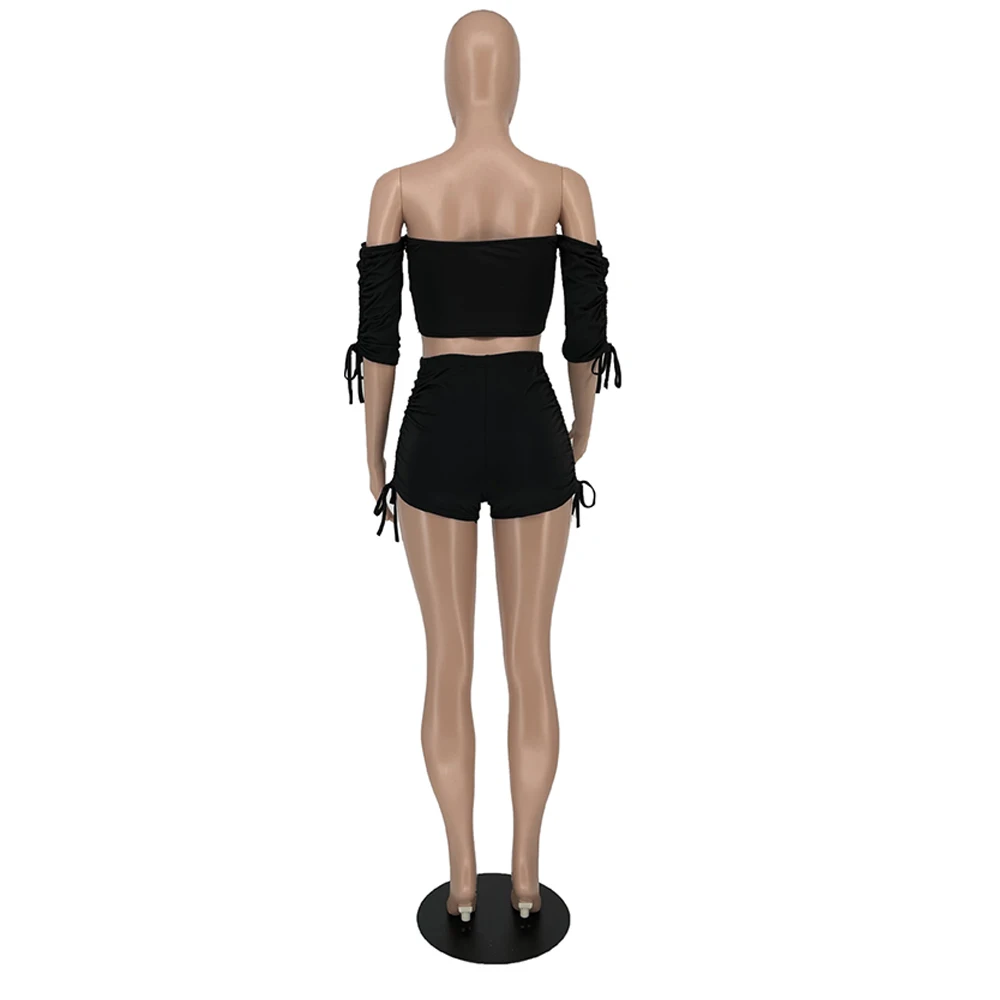 

Solid Ruched Drawstring Two Piece Shorts Set Women's Clothing 2021 Off Shoulder Cropped Tops and High Waist Biker Short Outfit