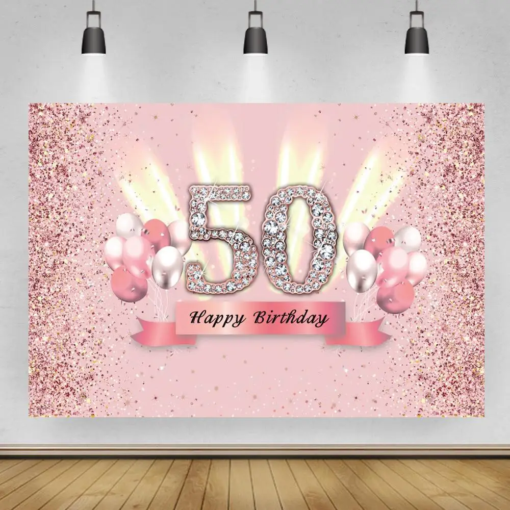 

Happy Birthday Party Backdrop for Adult Woman Rose Gold 30th 40th 50th Fabulous Birthday Photo Background Balloon Glitter Custom