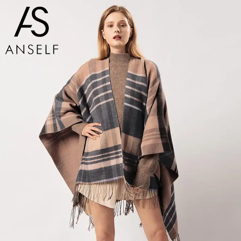 Женский кардиган-пончо ANSELF свитер клетчатые кашемировые накидки с принтом шаль
