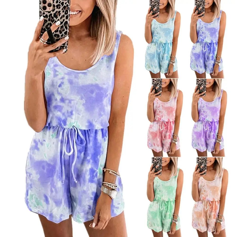 

New Summer New Women's Short Jumpsuit Fashion Jumpsuits Sleeveless O Neck Drawstring Tie Dye Playsuit Romper Overalls for Women