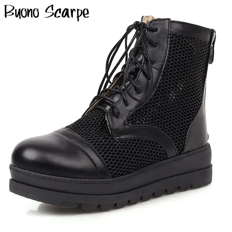 

Black White Ankle Boots Mesh PU Leather Leather Short Boots Platform Lace Up Buckles Shoes Ladies Zipper Botas Mujer Summer Shoe