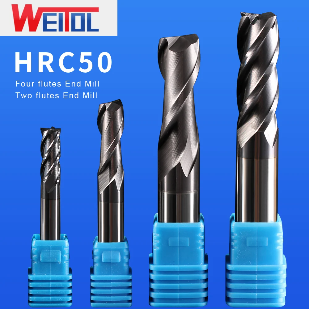 

Weitol 1pcs free shipping HRC50 double flutes/four flutes flat bottom tungsten carbide end mill router bits cnc milling cutter