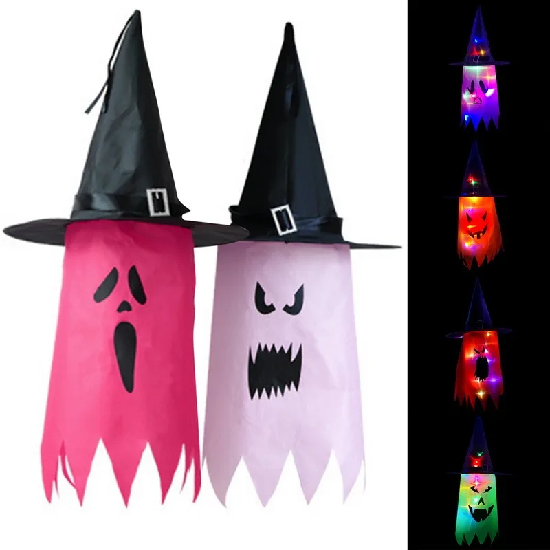 

Halloween Decoration LED Flashing Light Gypsophila Ghost Festival Dress Up Glowing Wizard Ghost Hat Lamp Decor Hanging Lantern