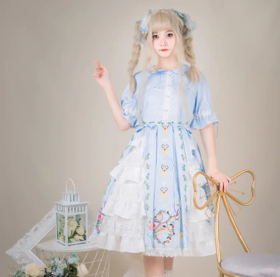 

Kawaii/платье в готическом стиле для девочек; милое платье принцессы в стиле Лолиты; винтажное платье в стиле «Питер Пэн» с кружевным бантом и милым принтом в викторианском стиле; платье в стиле «Лолита»; op cos