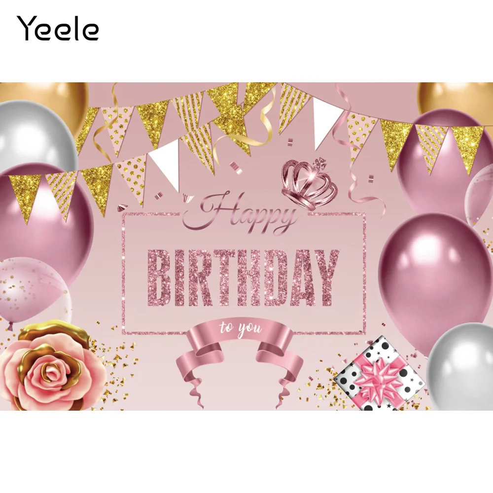 

Фоны Yeele для фотосъемки детей на день рождения с розовыми шарами цветами короной лентой
