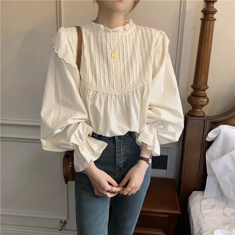 

Retro Apricot Shirt Women French Lantern Sleeve Shirt 2020 New Long-sleeved Loose Chic Top Kawaii Clothes Women Fashion Tops