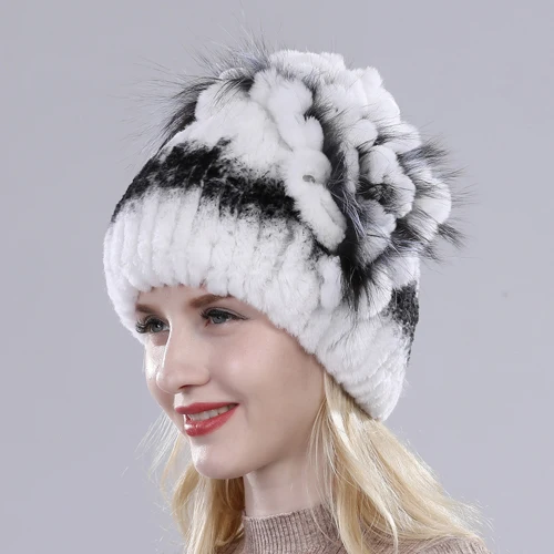 white and black 2 Женская шапка из натурального меха кролика Рекс, вязаная шапка из натурального меха кролика рекс для русской зимы, женская шапка из натурального меха кролика и лисы, шапочки Skullies - Цвет: white and black 2
