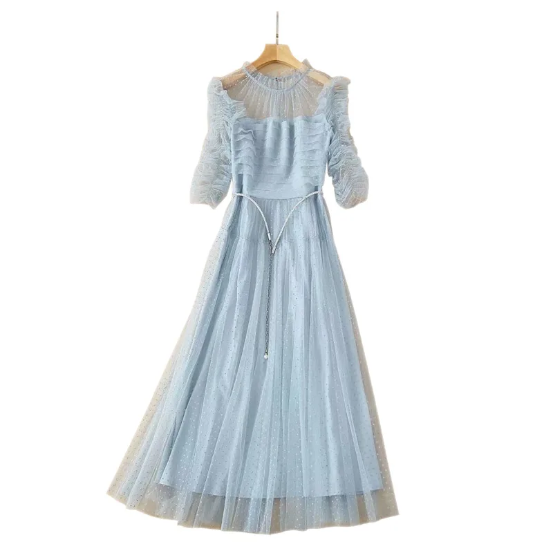 

Пятнистый голубое платье с оборками и элегантные летние платья плиссированное платье с пышным воротником с коротким рукавом для девочек с ...