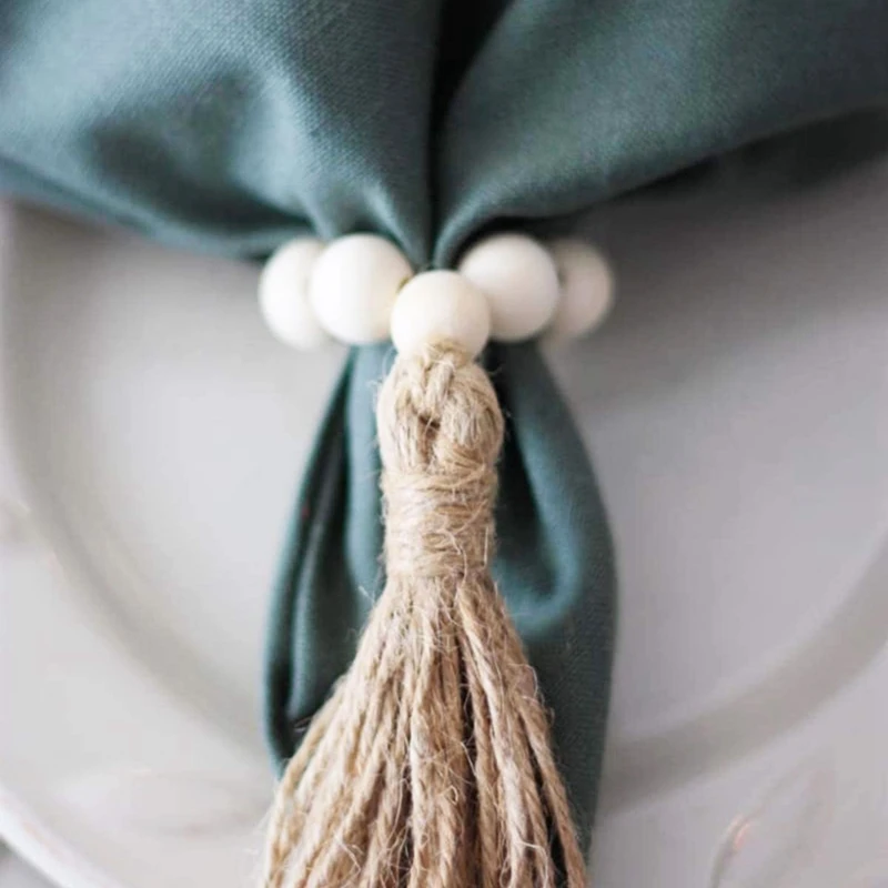 

4PCS Tassels Wooden Bead Handmade Napkin Buckles Napkin Rings Farmhouse Natural White Wooden Beads Tassels