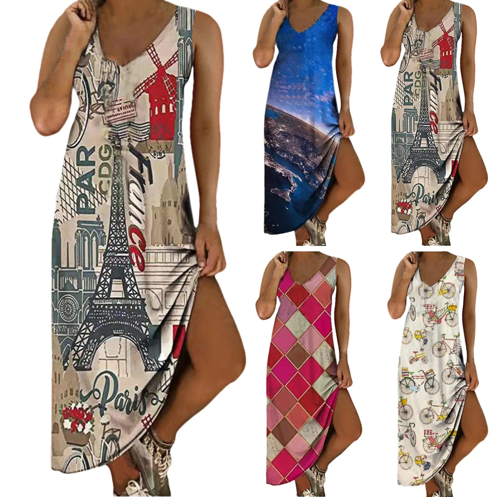 

Dress Sleeveless Round Neck Women's Dress Patchwork Print Long Casual Loose Women's Dress