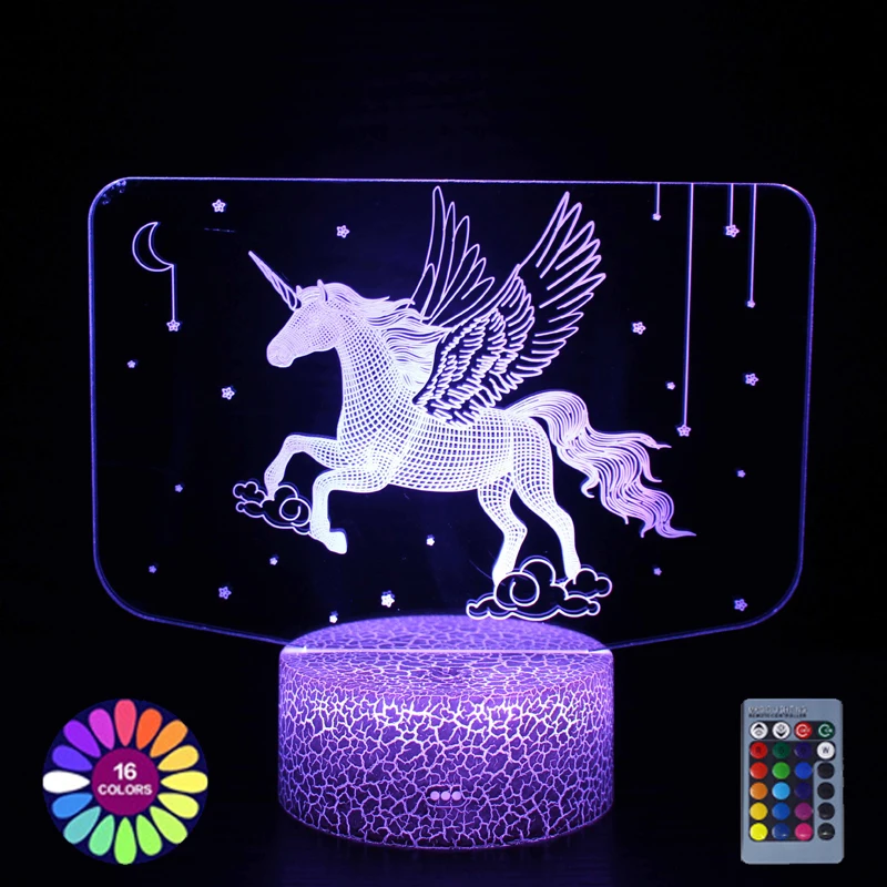 3D לילה מנורת Unicorn איור צבעוני LED אורות לילדים ילד שינה דקור מגע מרחוק בקרת לילה אור חג מתנה