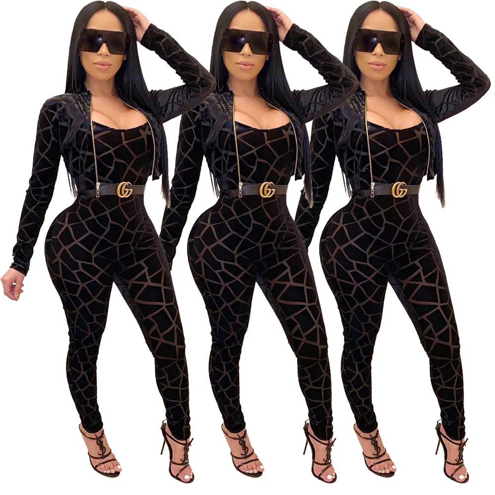 

CN975 Ladies Suit Fashion Black Long-Sleeved Jacket Slim Jumpsuit Two-Piece Casual Long Street Trend Suit Women