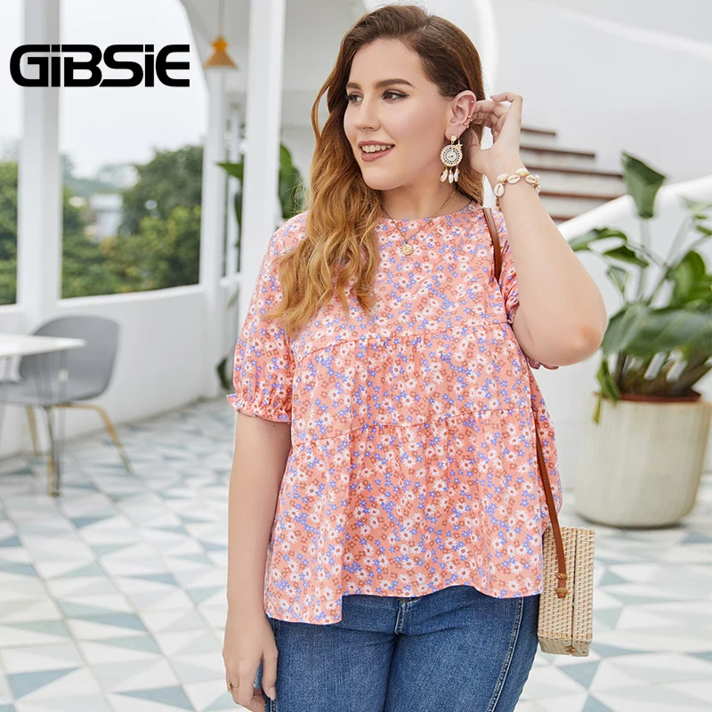 Женская блузка с круглым вырезом GIBSIE Повседневная Блузка коротким рукавом и