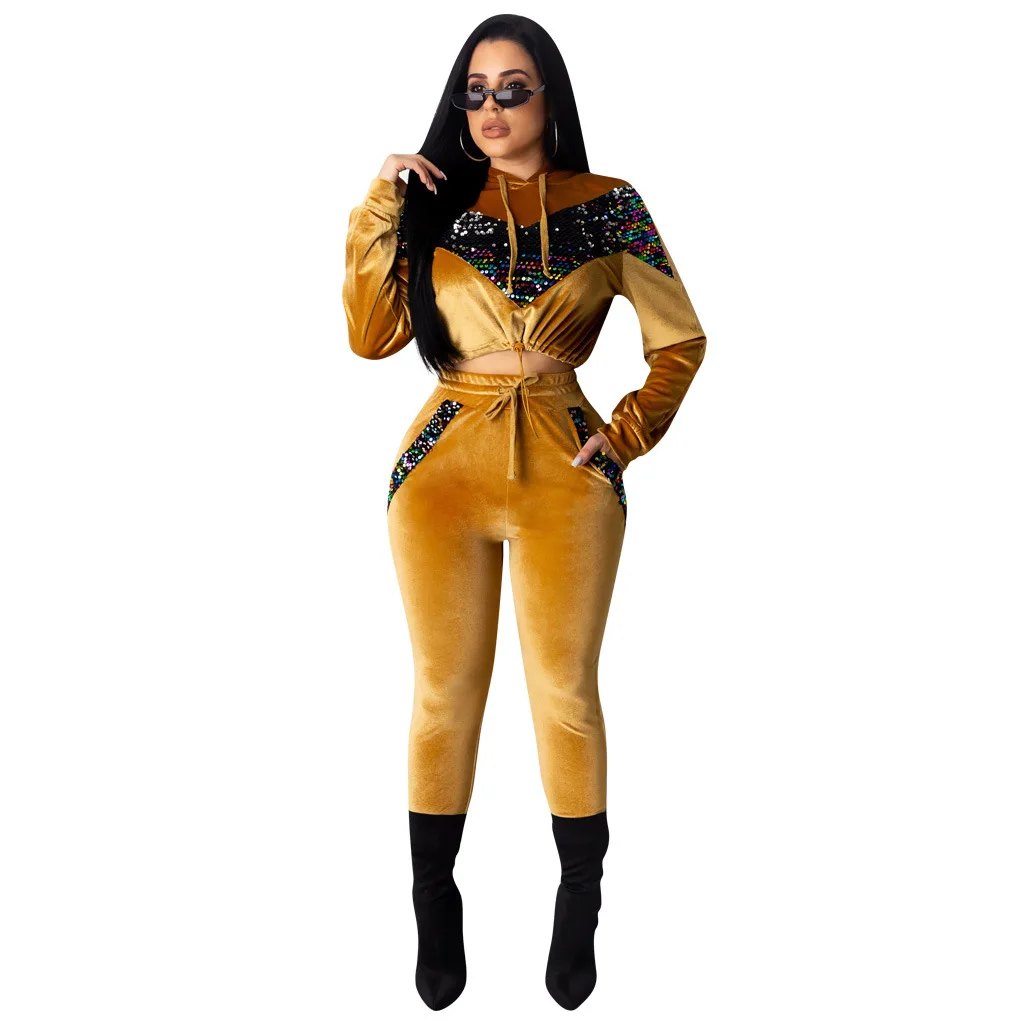 Женский Бархатный спортивный костюм комплект из двух предметов Топ с длинным