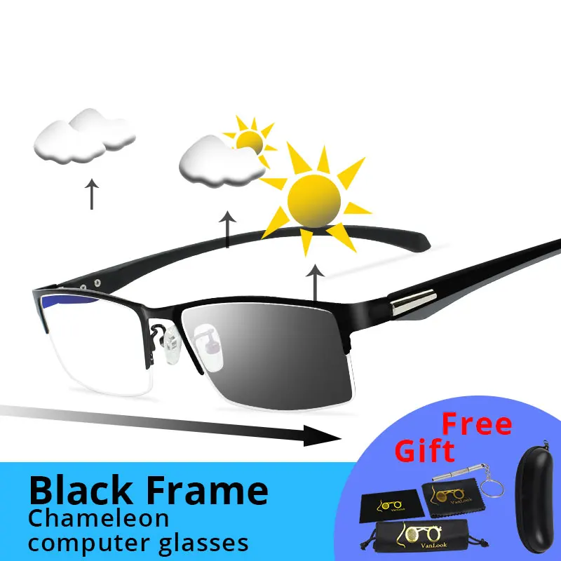 Black0.00 Фотохромные очки Хамелеон Линзы Близорукость Blue Light Blocking Мужские компьютерные очки Игра на прицел-0,50-0,75-175-5,5-6 - Цвет оправы: Black0.00