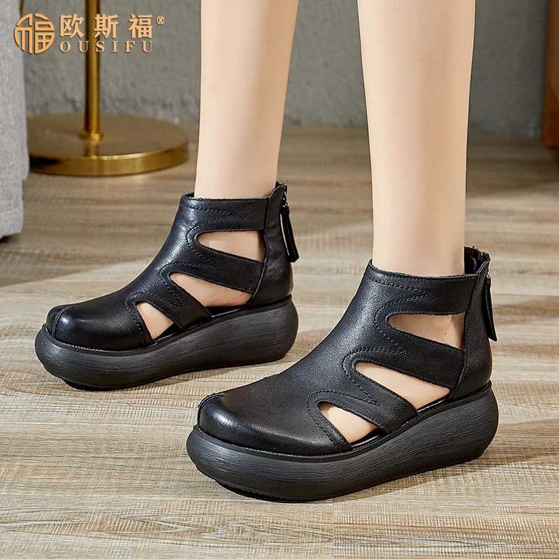 

Glglgege 2021 High Quality Soft Leather Summer Roman Shoes Women Sandals Platform Heighten Shoe Wedges Sandals Round Toe Shoes