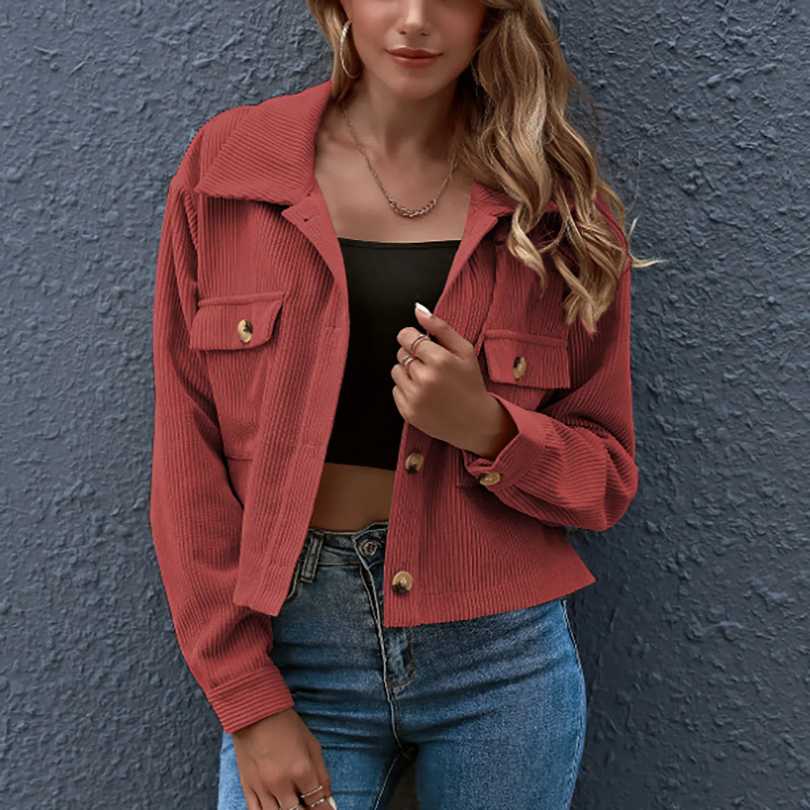 

Осенние женские куртки с отложным воротником, однотонные модные однобортные вельветовые куртки с длинным рукавом, женские короткие топы, ...