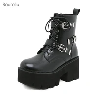 new fashion belt buckle ankle boots female round toe thick sole motorcycle boots chunky heel side zipper womens boots