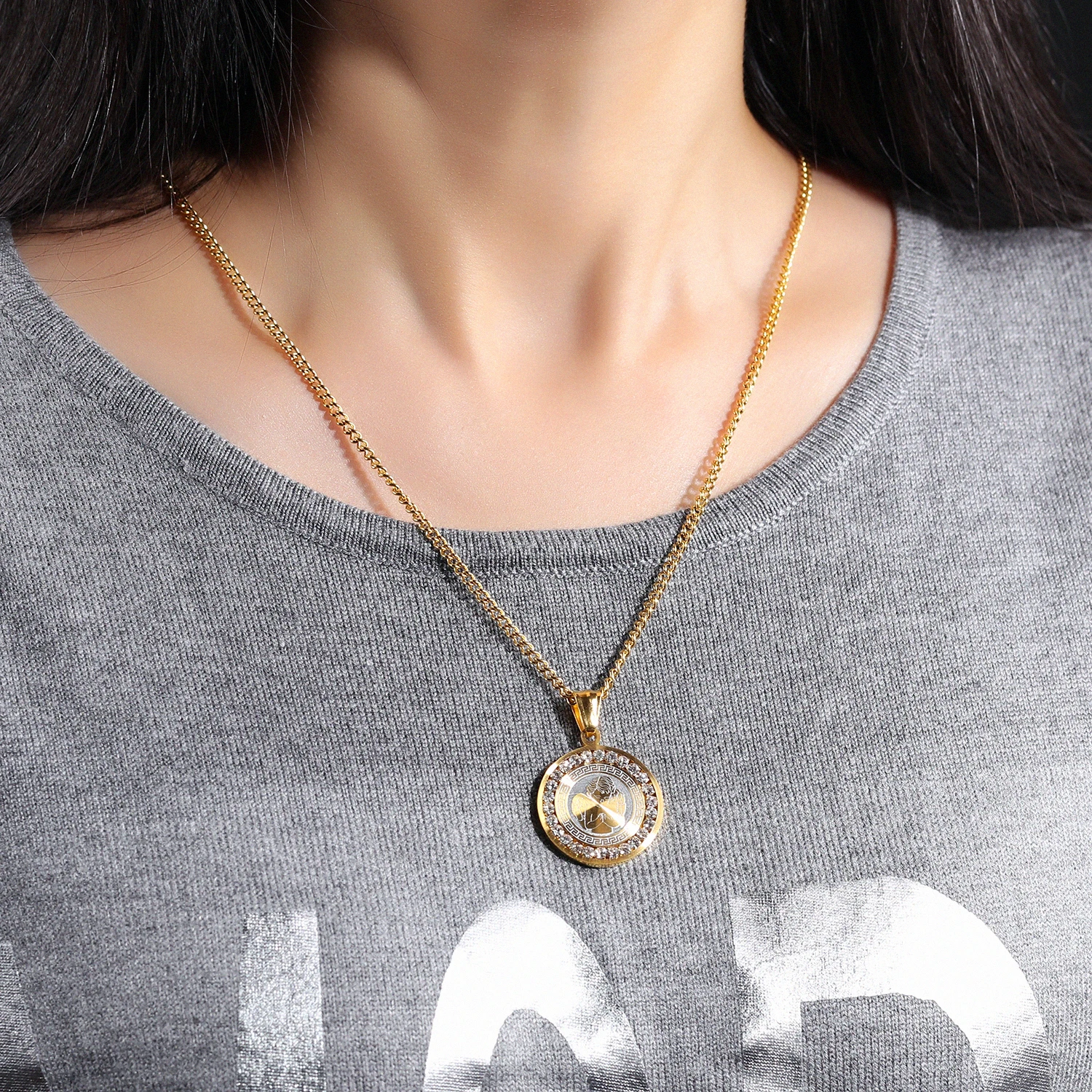 

Steel and Gold Color Round Shape Pendant Tag Men Women Stainless Steel Necklace