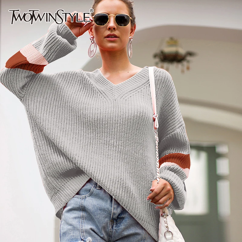 TWOTWINSTYLE Striped Hit Color Knitting Sweaters Women V Neck Batwing Sleeve Loose Pullover Casual Sweater Female 2020 Autumn | Женская