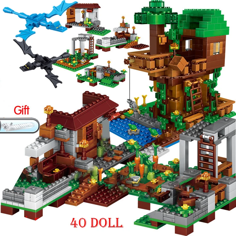 

2021 новый совместимый мой мир майнкрафт строительные блоки деревня городское дерево дом водопад Warhorse Кирпичи игрушки для детей