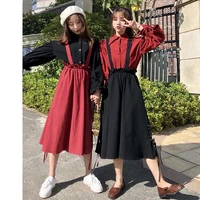2021 fashion casual blouse shirt pleated a line straps dress spring summer women lantern sleeve single button 2 pieces sets