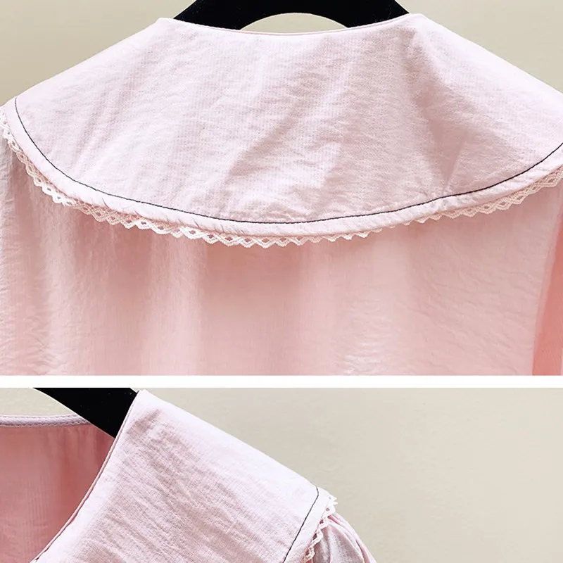 

Ladies Elegant Short Sleeve Shirts New Arrival 2021 Summer Fashion Korean Style Peter Pan Collar Women Summer Casual Tops W356
