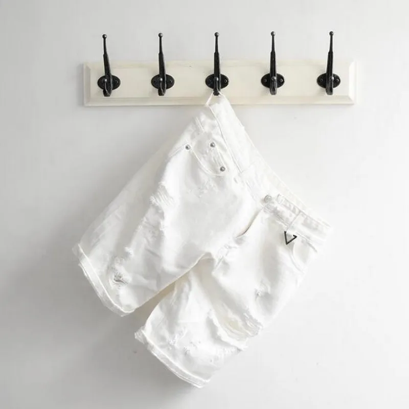 Brand Vintage Mens Summer Denim Shorts Black White Classic Trousers Big Hole Cotton Knee Length Jeans Free Shipping | Мужская одежда